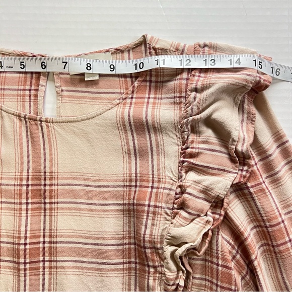 Loft Outlet Medium Pink Plaid Peplum Ruffle Top Blouse Long Sleeve 100% Viscose - Picture 4 of 7